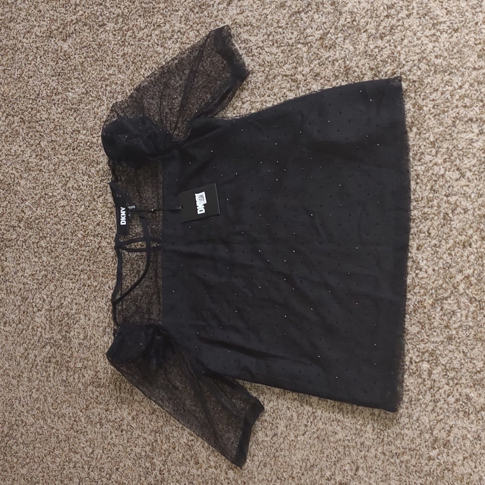 DKNY Jewel Neck Short Sheer Elbow Sleeve Studded Mesh Top Small NWT